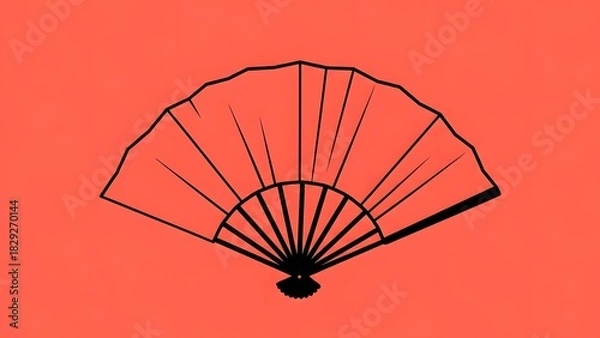 Fototapeta Elegant black outline of a traditional folding hand fan on a vibrant coral background, representing culture and summer cooling