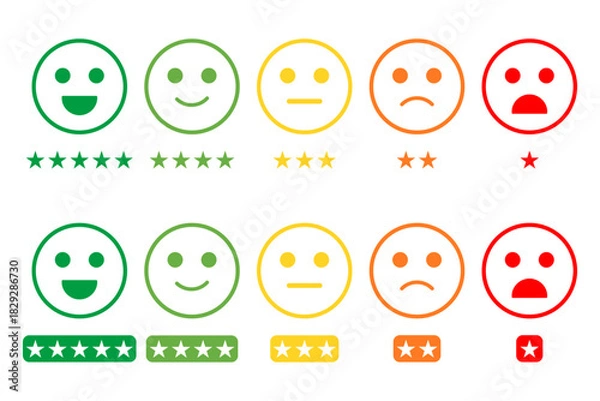 Obraz Customer satisfaction rating with stars concept. Customer satisfaction rating template. Feedback scale with emoticon faces, excellent good medium poor very bad user experience vector illustration.