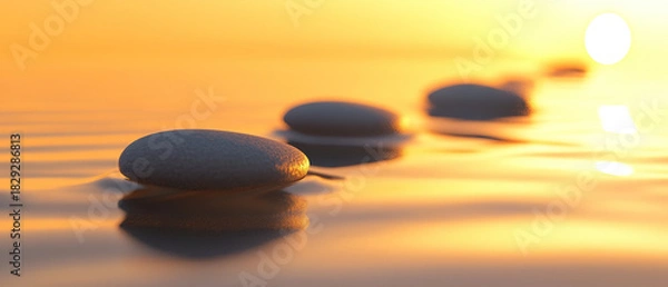 Fototapeta Zen path of stones on sunset in widescreen， Generative AI