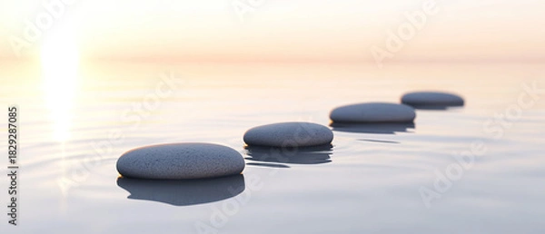 Fototapeta Zen path of stones on ocean n widescreen,  generative ai