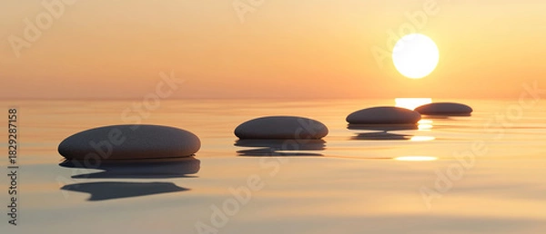 Fototapeta Zen path of stones on sunset in widescreen， Generative AI