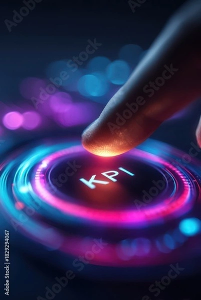 Fototapeta Finger pressing a glowing "kpi" button on a futuristic interface, illustrating business analytics and performance measurement concept.
