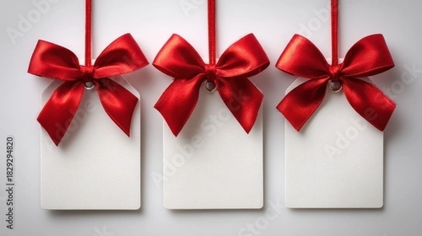 Fototapeta Blank white gift tags with elegant red satin bows hanging on a light background, perfect for holidays, sales, and promotions.
