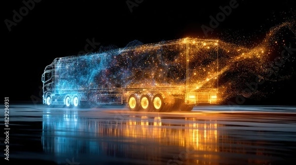 Fototapeta Futuristic data truck hologram on reflective surface symbolizing digital logistics and smart transportation innovation.