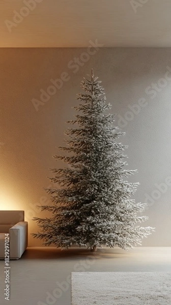 Fototapeta minimal Christmas tree in neutral-toned modern room, Scandinavian decor, soft lighting .