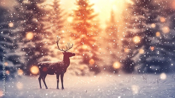 Obraz reindeer silhouette against a snowy background, glowing Christmas lights and snow-covered trees .