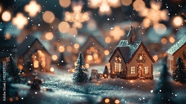 Obraz snowflakes falling softly on a small holiday village, with twinkling lights along the streets .