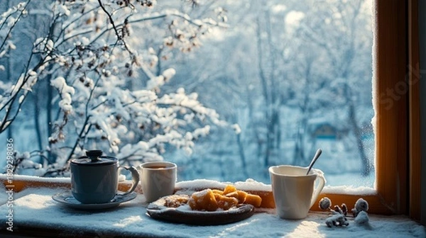 Fototapeta Winter breakfast on windowsill with snowy view .