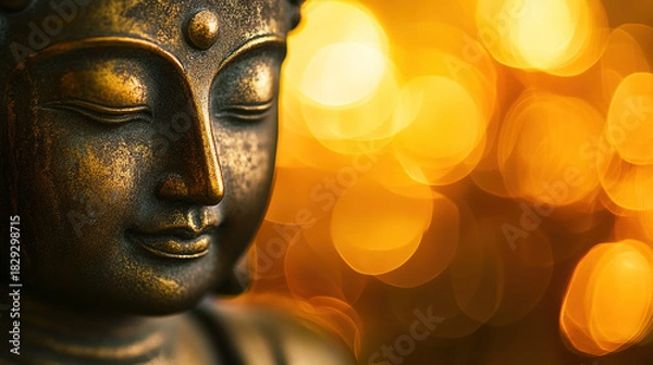 Fototapeta A majestic golden Buddha statue in horizontal layout banner with copy space, generative ai