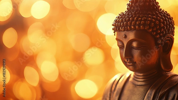 Fototapeta A majestic golden Buddha statue in horizontal layout banner with copy space, generative ai