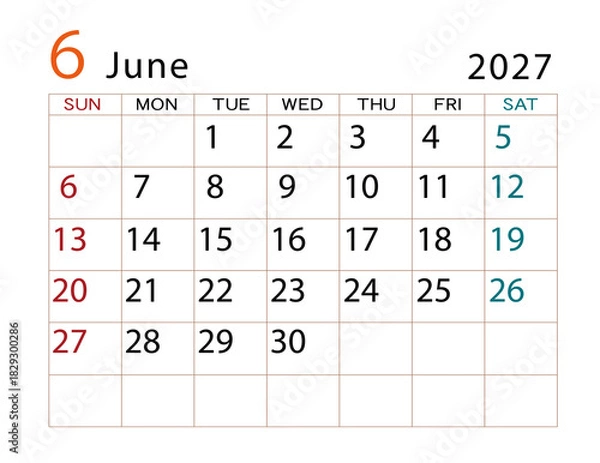 Obraz 2027年カレンダー　6月