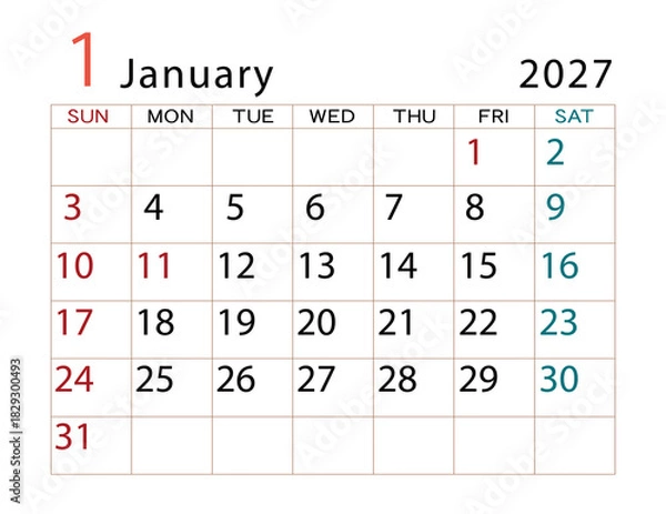 Obraz 2027年カレンダー　1月	