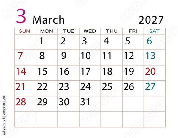 Obraz 2027年カレンダー　3月	