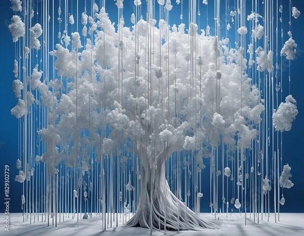 Fototapeta White surreal tree made of cloud-like crystals with long hanging filaments on a blue background. Conceptual image symbolizing sugar, glucose, metabolism, biology and medical innovation