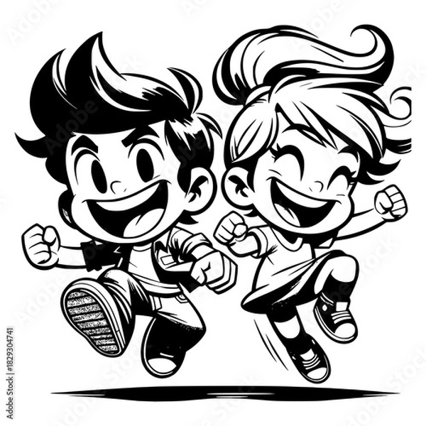 Fototapeta cartoon characters, a boy and a girl, smiling and jumping with excitement vector image illustration