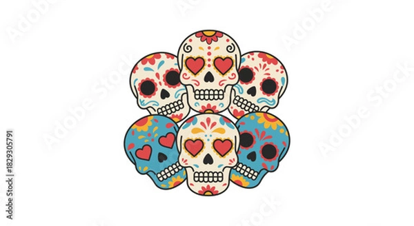 Obraz sugar skull day of the dead arrangement featuring colorful designs against a stark white background perfect for cultural event promotions and holiday themes.
