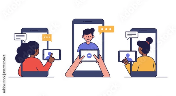 Obraz video call communication three people video conferencing on smartphones connecting remotely for collaboration and digital communication solutions.