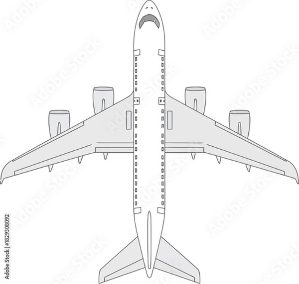 Fototapeta Top-Down View of a Commercial Aircraft in Flight Showing Wings Engines and Tail with a Simple Monochrome Design on a Black Background