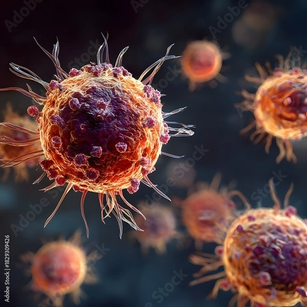 Fototapeta A highly detailed 3D illustration of immune system cells actively fighting a virus. The scene shows white blood cells attacking viral particles in a dynamic and realistic cellular environment.