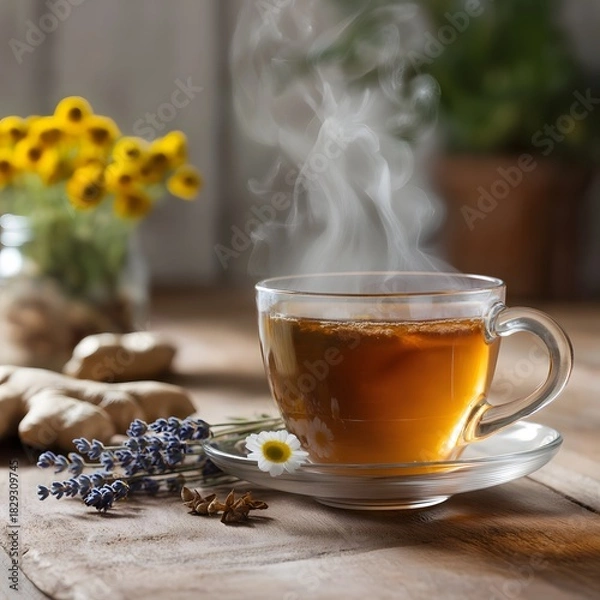 Fototapeta A warm cup of herbal tea with chamomile, lavender, and ginger, with soft steam rising into the air.