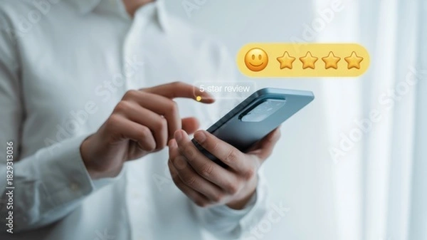 Obraz Customer Feedback on Smartphone: An individual's hands expertly navigate a smartphone, interacting with an interface, highlighted by a display of glowing stars.