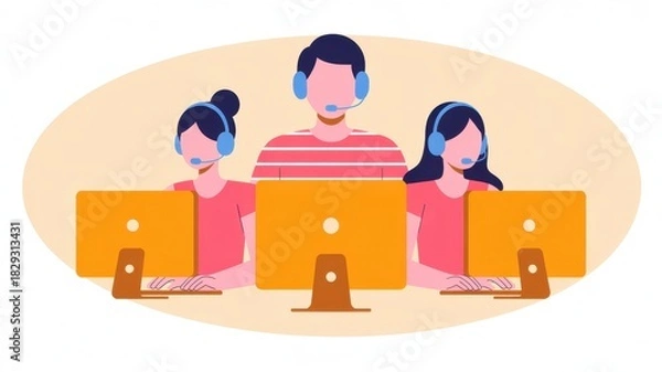 Obraz Customer Support: A trio of dedicated customer support representatives focused on providing assistance and solutions, creating a welcoming and helpful environment.