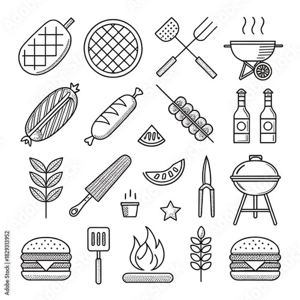Obraz Collection of hand drawn barbecue and grill elements silhouette