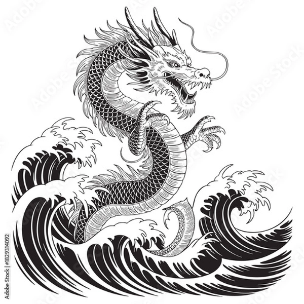 Fototapeta Black and white illustration of a dragon emerging from stylized waves vector