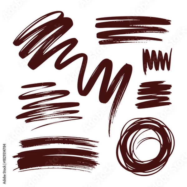 Fototapeta Collection of dark red brush strokes and scribbles on white background hand drawn paint