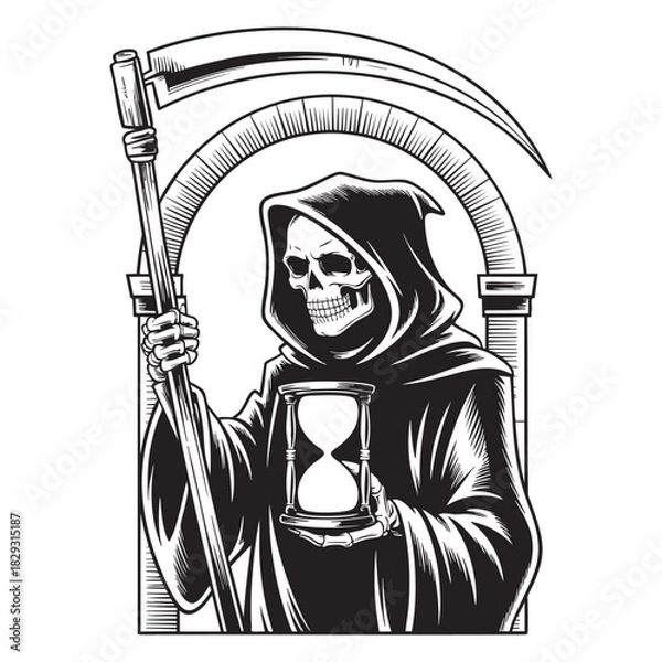 Fototapeta Grim Reaper skeleton figure holding hourglass and scythe within arched frame death
