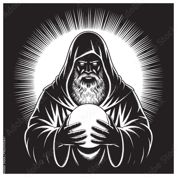 Fototapeta Hooded man with beard holding glowing orb radiating light rays wizard sorcerer