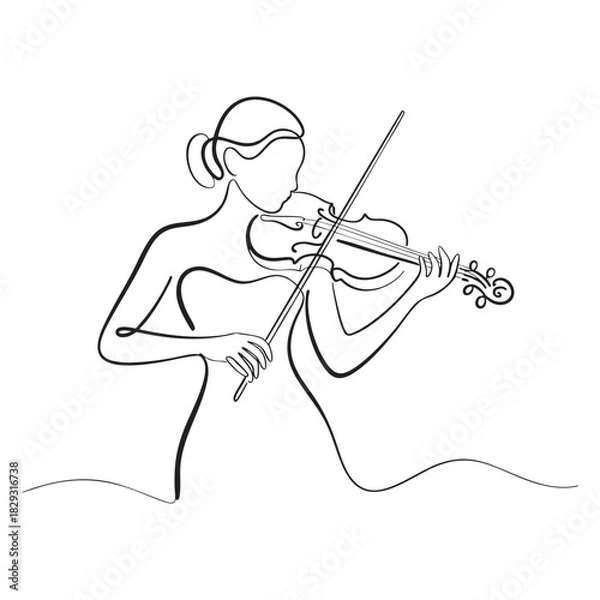 Fototapeta Woman playing violin in minimalist continuous line art style music instrument