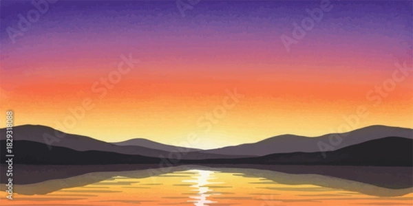 Fototapeta Scenic mountain range reflecting in calm water at sunset painted with watercolor creating a peaceful and serene landscape