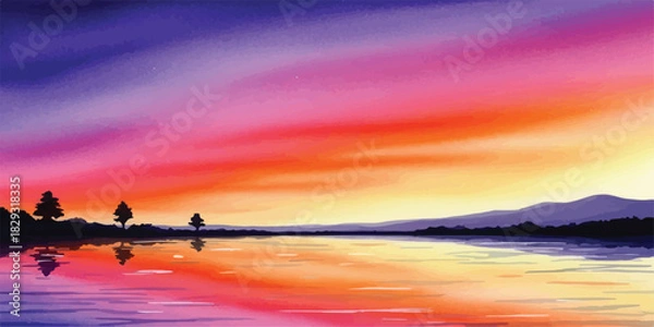 Fototapeta Colorful sunset over a calm lake reflecting the vibrant sky perfect for backgrounds and scenic designs