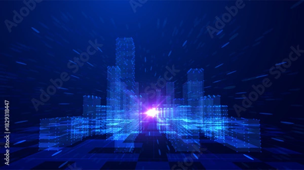 Obraz Blue violet futuristic cityscape with big data network flows vector background. Digital transformation metropolis skyline with data particles for technology presentations and fintech visualizations.