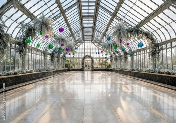 Obraz Interior view of a greenhouse with glass roof and decorations hanging from the ceiling and walls along the sides