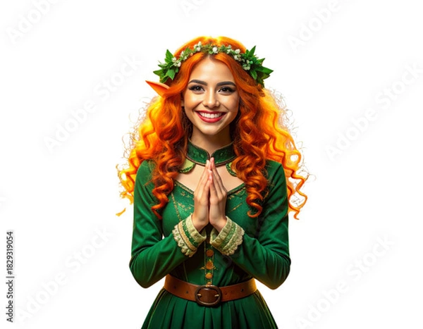 Fototapeta  A joyful elf character dressed in green with orange hair stands, smiling with hands clasped 