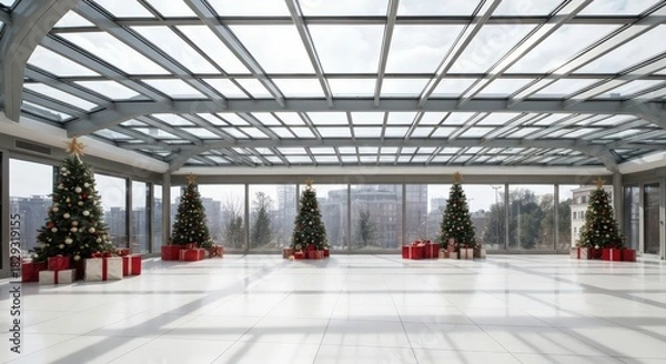Obraz Christmas trees and gifts in a modern atrium with glass ceiling and city view during the holiday season