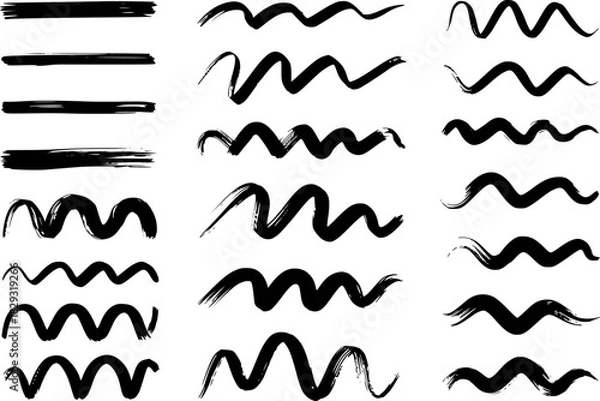 Obraz Collection of Black Brush Stroke Lines and Wavy Strokes on White Background
