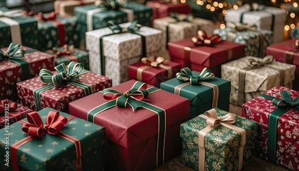 Fototapeta Festive gifts wrapped with colorful paper and ribbons, ready for celebration.