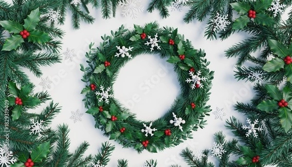 Fototapeta Festive Christmas Wreath with Holly Berries and Snowflakes on White Background.