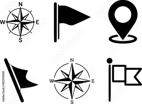 Obraz Collection of Navigation and Location Icons: Compass, Flags, and Map Pin