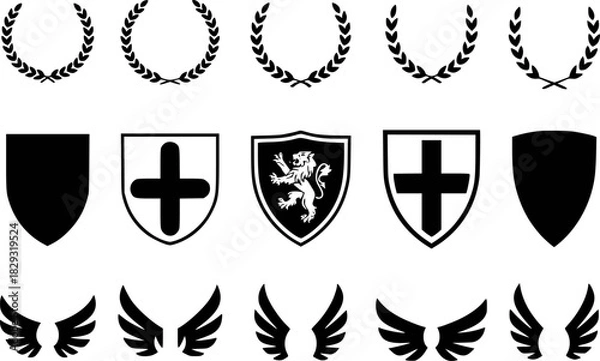 Obraz Collection of heraldic symbols: laurel wreaths, shields, and wings