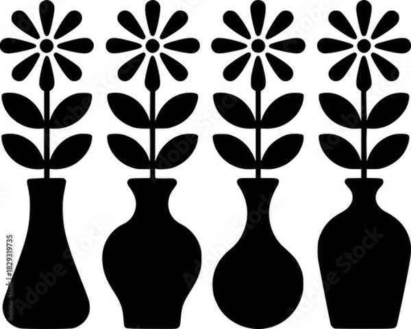 Obraz Four Black Silhouette Flowers in Vases with Simple Petals and Leaves