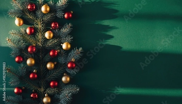 Fototapeta Christmas Tree Decorations on Green Background with Shadows.