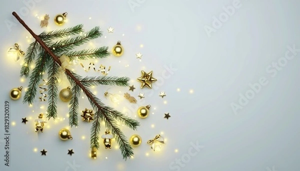 Fototapeta Christmas Tree Branch with Golden Ornaments and Lights on White Background.