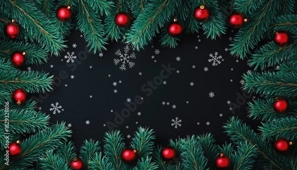 Fototapeta Christmas Holiday Background with Red Ornaments and Green Pine Branches.