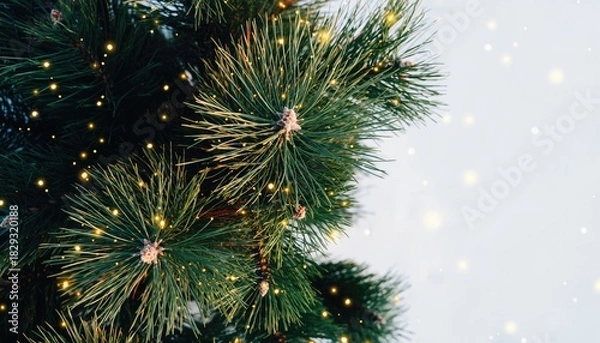 Fototapeta Close-up of a Christmas tree with lights and snowflakes.