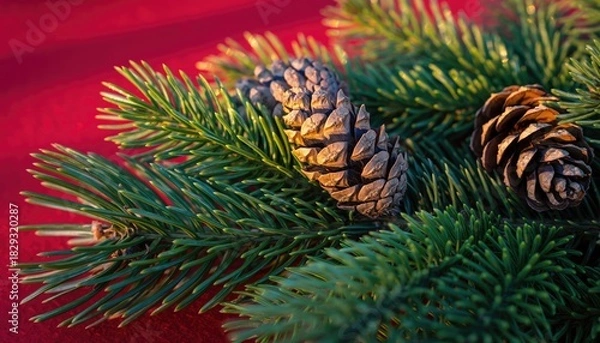 Fototapeta Close-up of pine cones and green fir branches on red background.