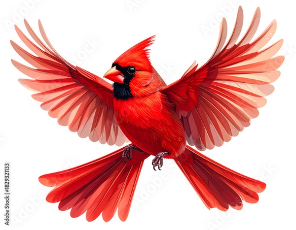 Fototapeta Red Cardinal Bird in Flight with Outstretched Wings, isolated on white transparent background, png element. Northern cardinal symbol of Christmas 